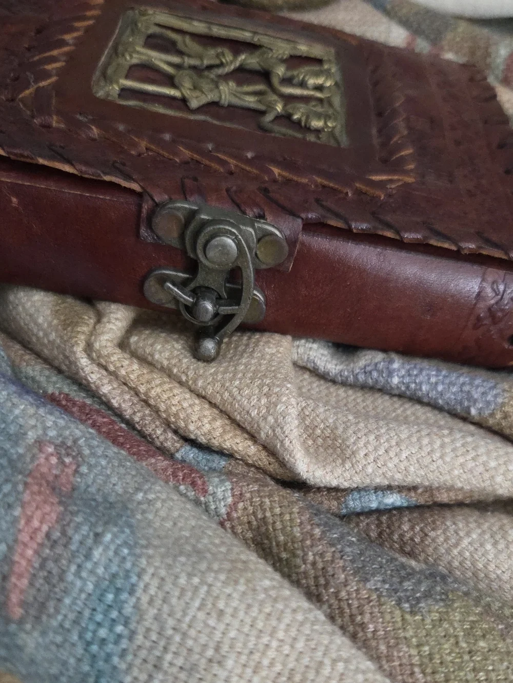 Leather journal with embossed metal decorative plate, handmade bound notebook